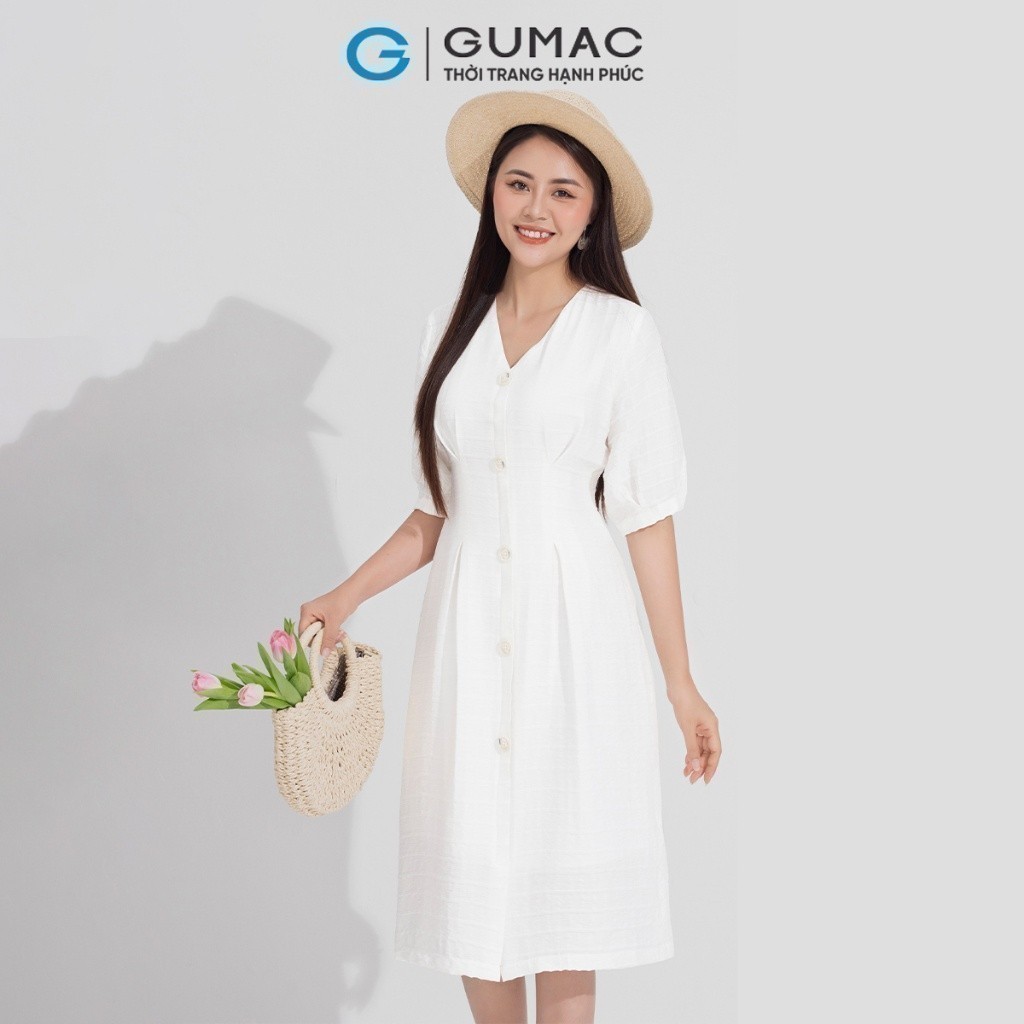 Đầm nữ cổ v phối nút GUMAC DD05056