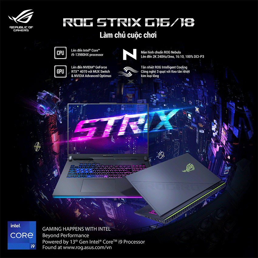 LAPTOP ASUS GAMING ROG STRIX G614JI-N4084W (I7 13650HX/16GB RAM/1TB SSD/16 QHD 240HZ/RTX 4070 8GB/WIN11/BALO/XÁM)