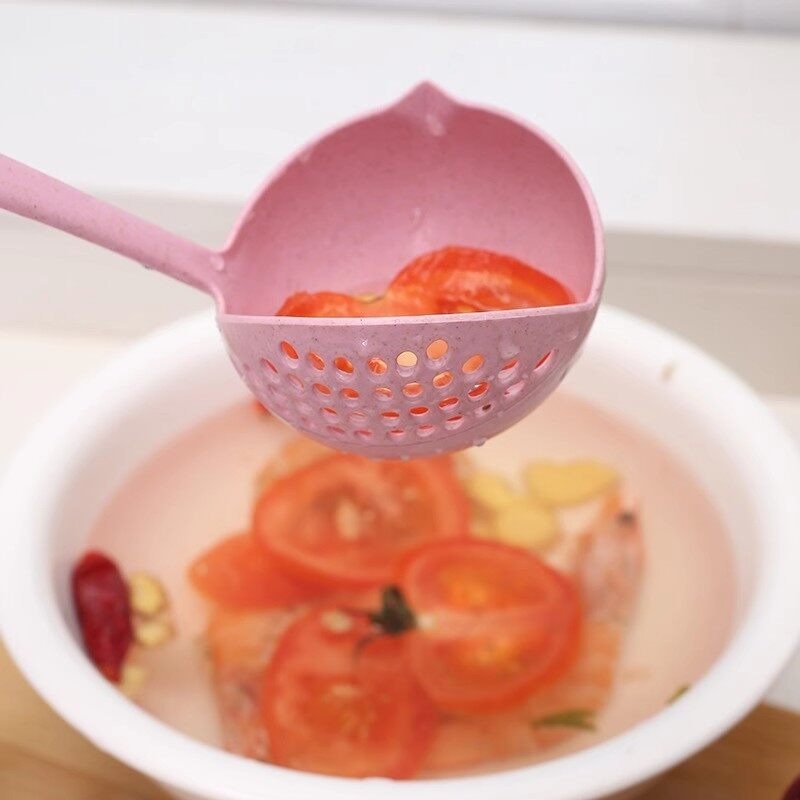 Multifunctional Wheat Straw Spoon 2-in-1 Long Handle Plastic Household Filter Cooking Colander Kitchen Accessories