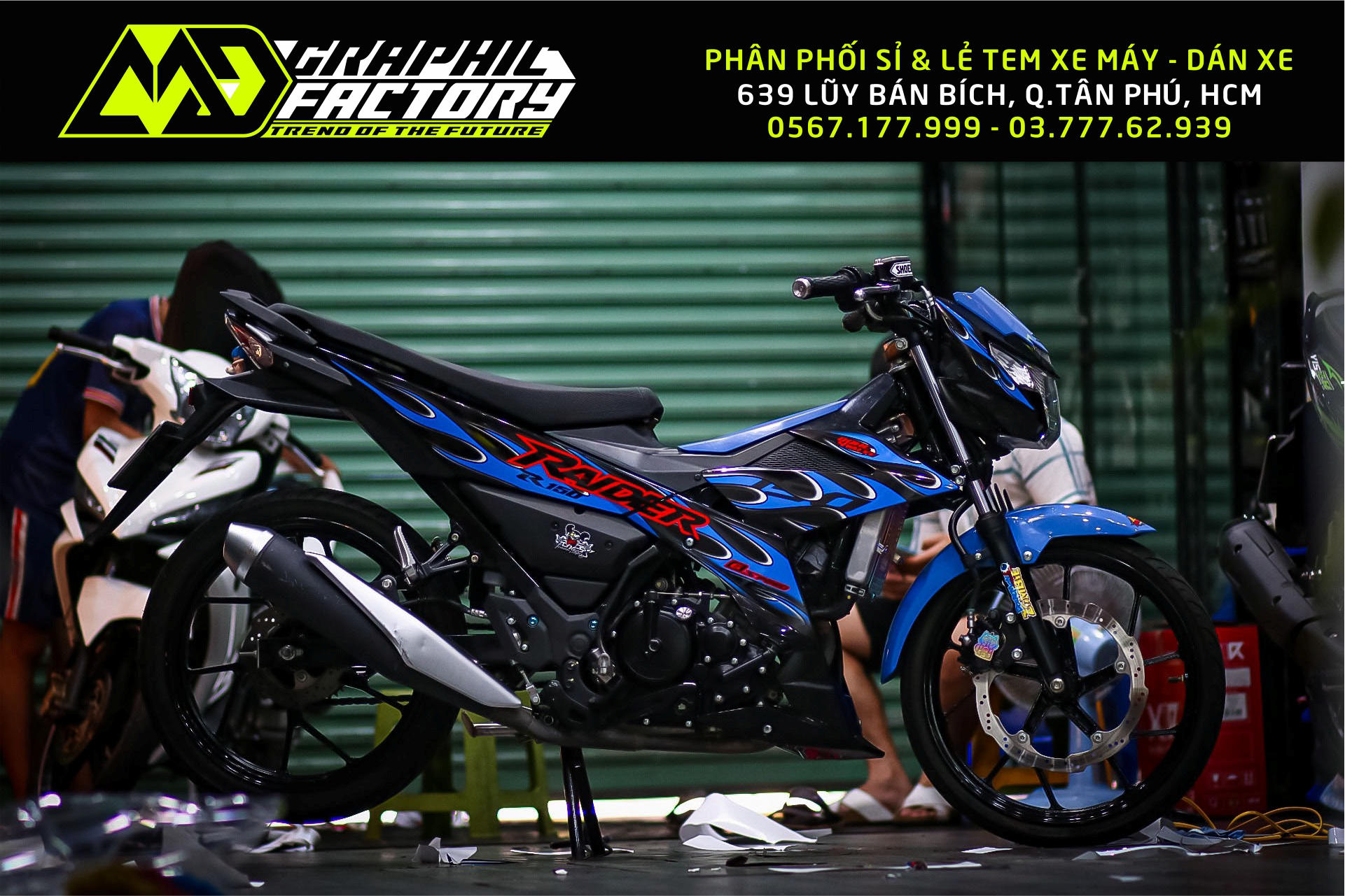 Tem rời lửa xanh trắng cho Raider 150 xe đen - mẫu mới 2023 siêu ngầu