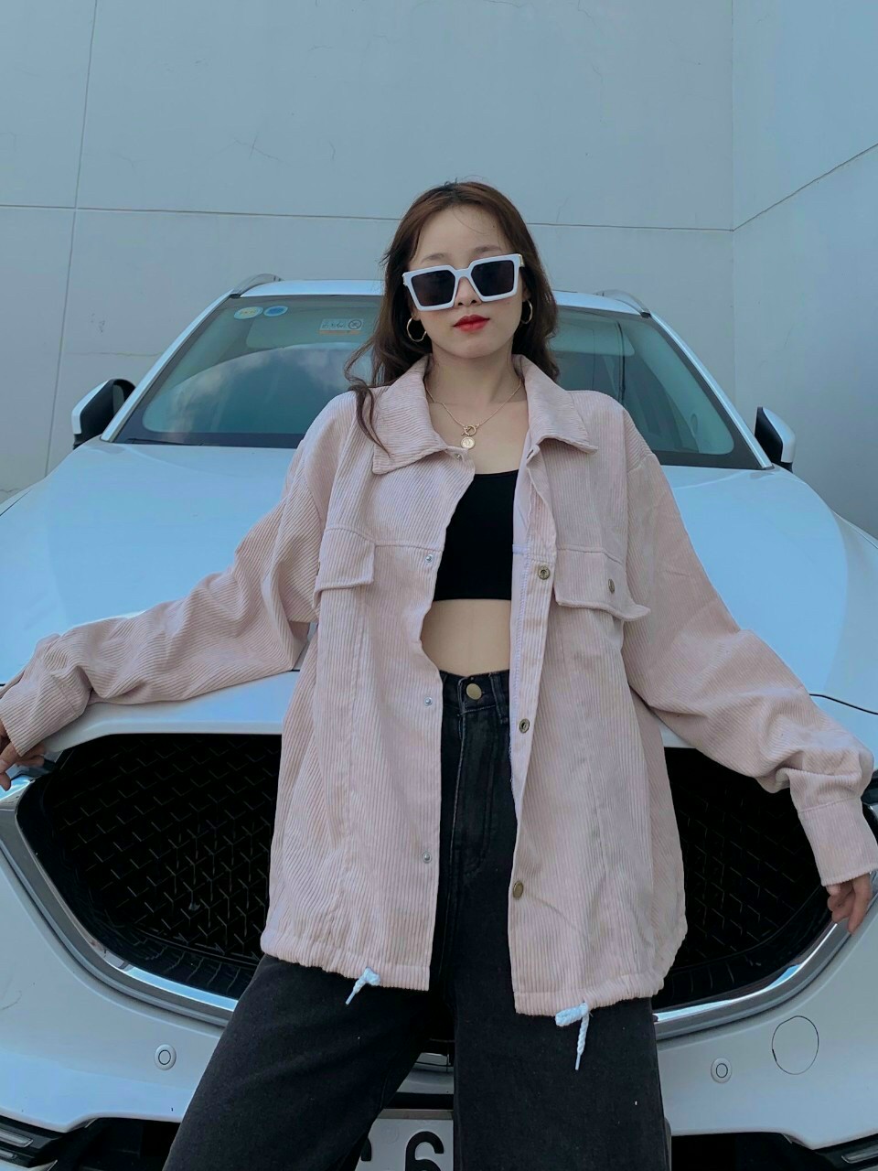 Áo khoác nhung tăm gân có túi trước phối cúc bấm siêu hót trend