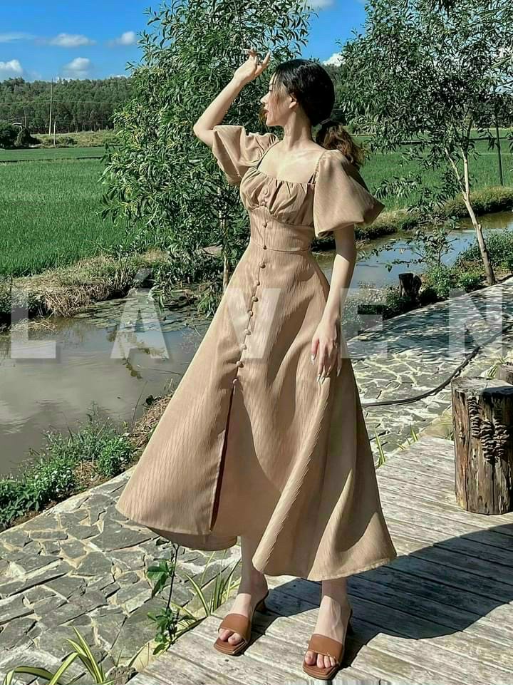 Đầm Quý cô Tay Phồng cổ Vuông Chất Lụa Có Mút Siêu Xinh
