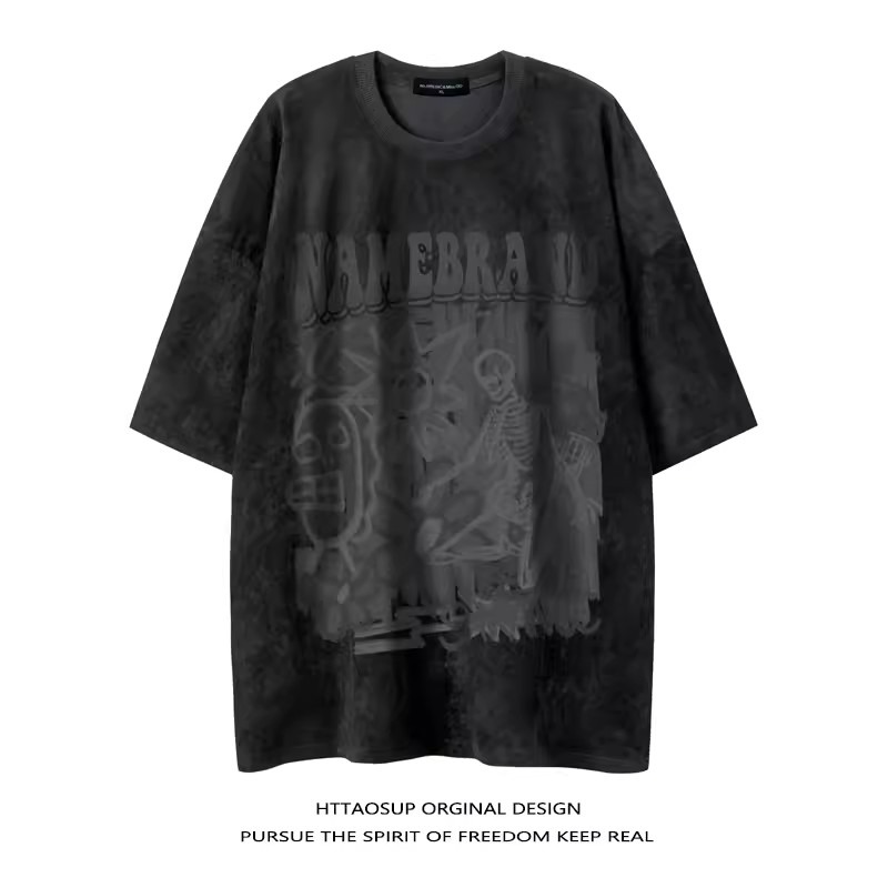 KYUSHUAD Men's short-sleeved T-shirt American retro skull pattern high-quality suede half-sleeve