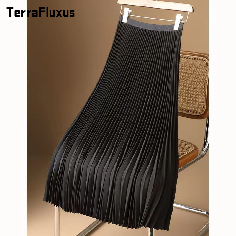 TerraFluxus   Váy xếp ly dài đến gối dáng A cao cấp cho nữ, chất liệu mềm mại co giãn nhẹ, phong cách thời trang Hàn Quốc hiện đại