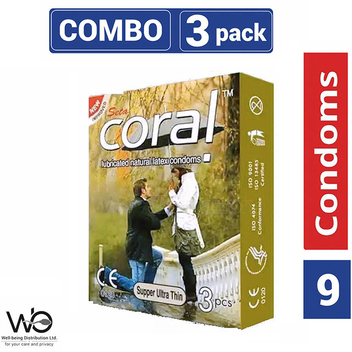 Coral Condom For Men Super Ultra Thin Lubricated Natural Latex - Combo 3 Packs.