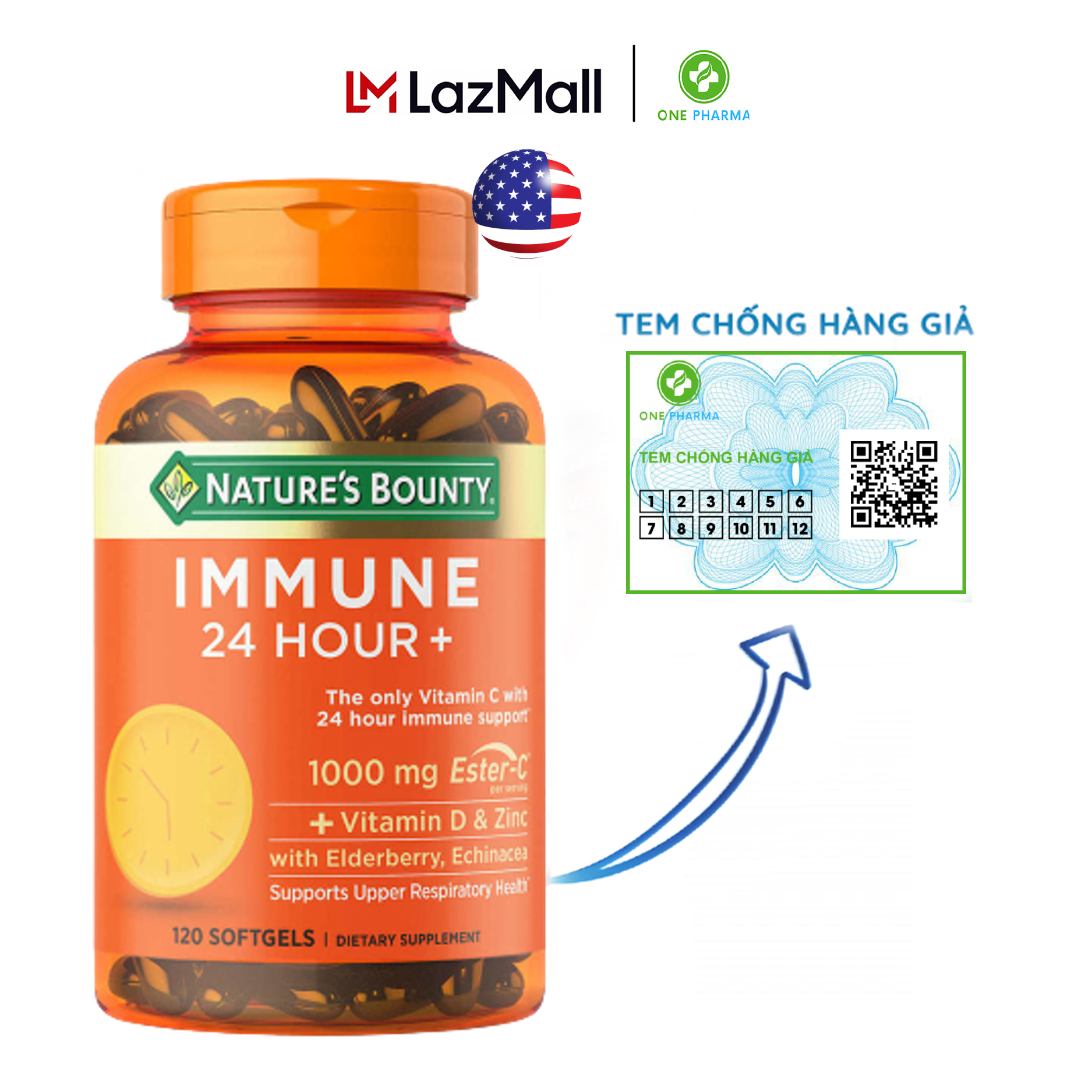 Viên uống hỗ trợ miễn dịch Nature s Bounty Immune 24 Hour+, 120 viên thumbnail