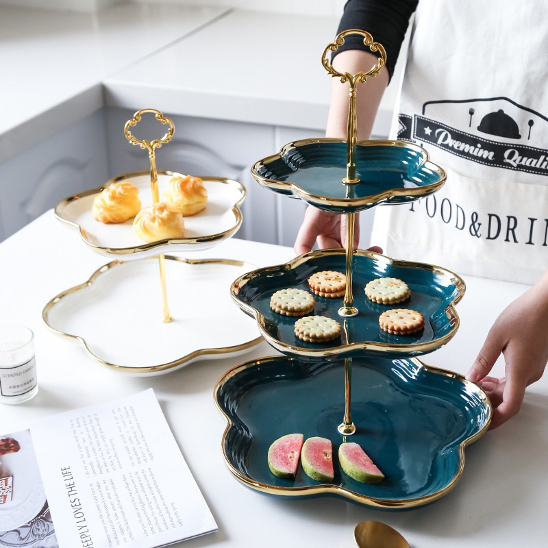 khay sứ 2 tầng , đĩa sứ 3 tầng vân đá cẩm thạch Huydecor