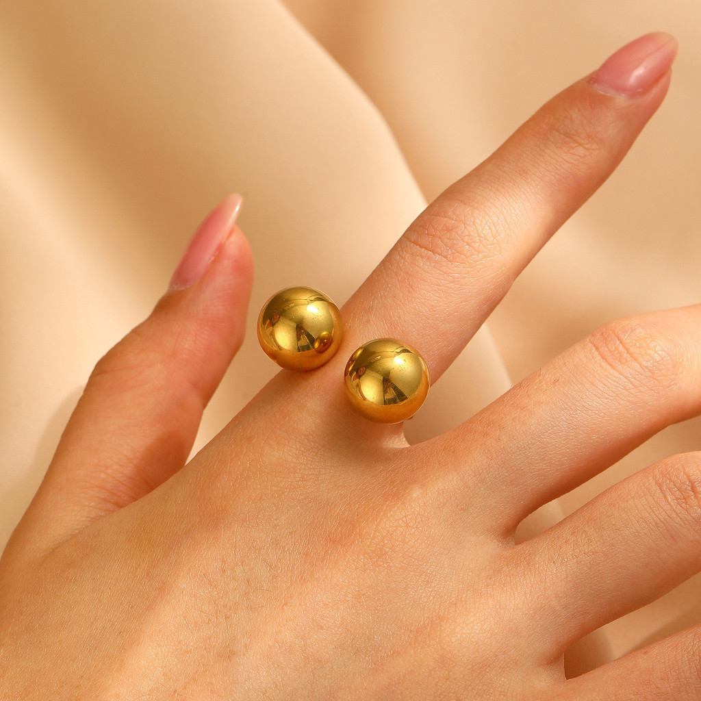 Personal Ring Stainless Steel 18K Gold Spherical Ball Round Open Ring Adjust for Women Girl Accessories No Fade Trendy Fashion Jewelry. 