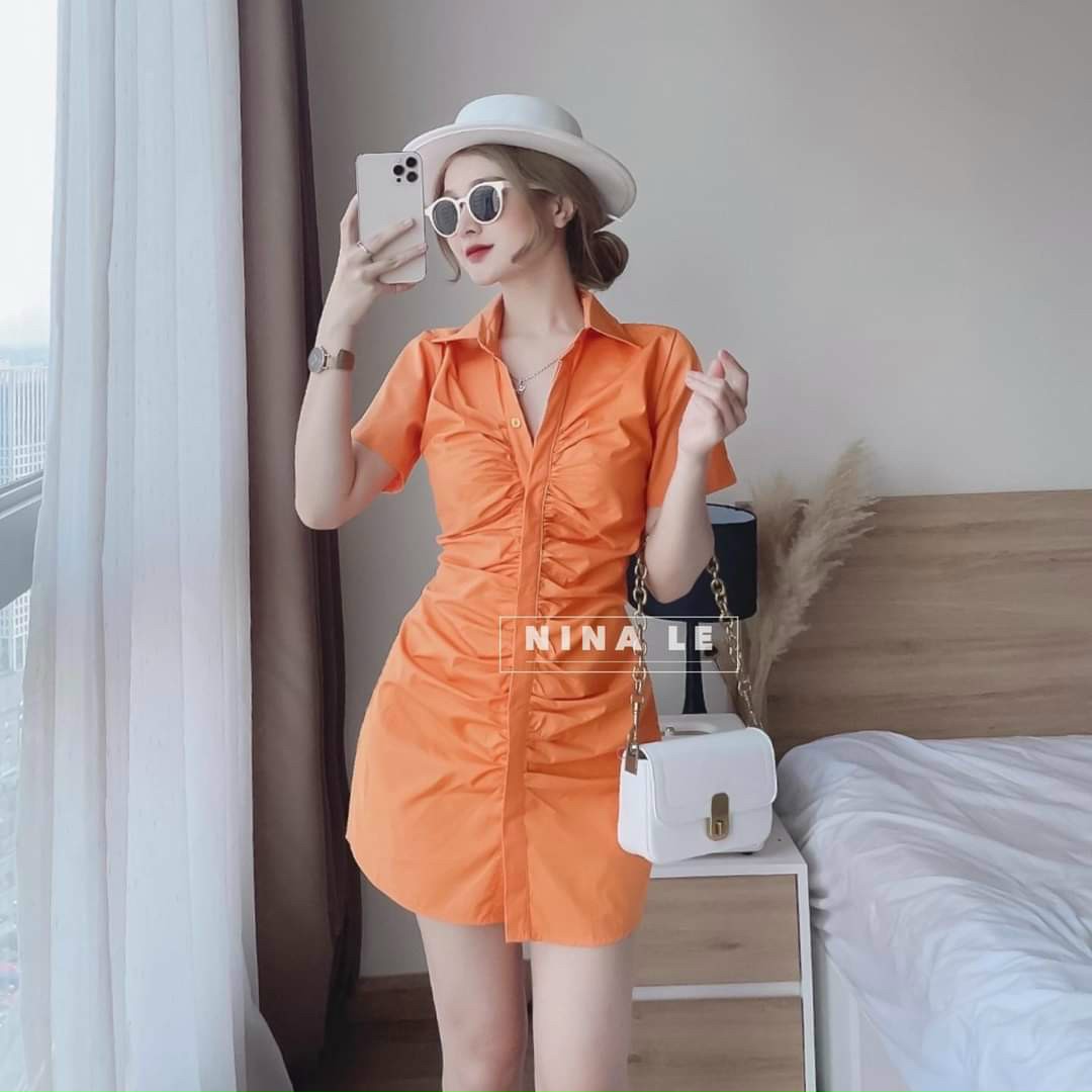 Đầm Body Cổ Sơ Mi Nút Dọc Nhún Xinh Xắn