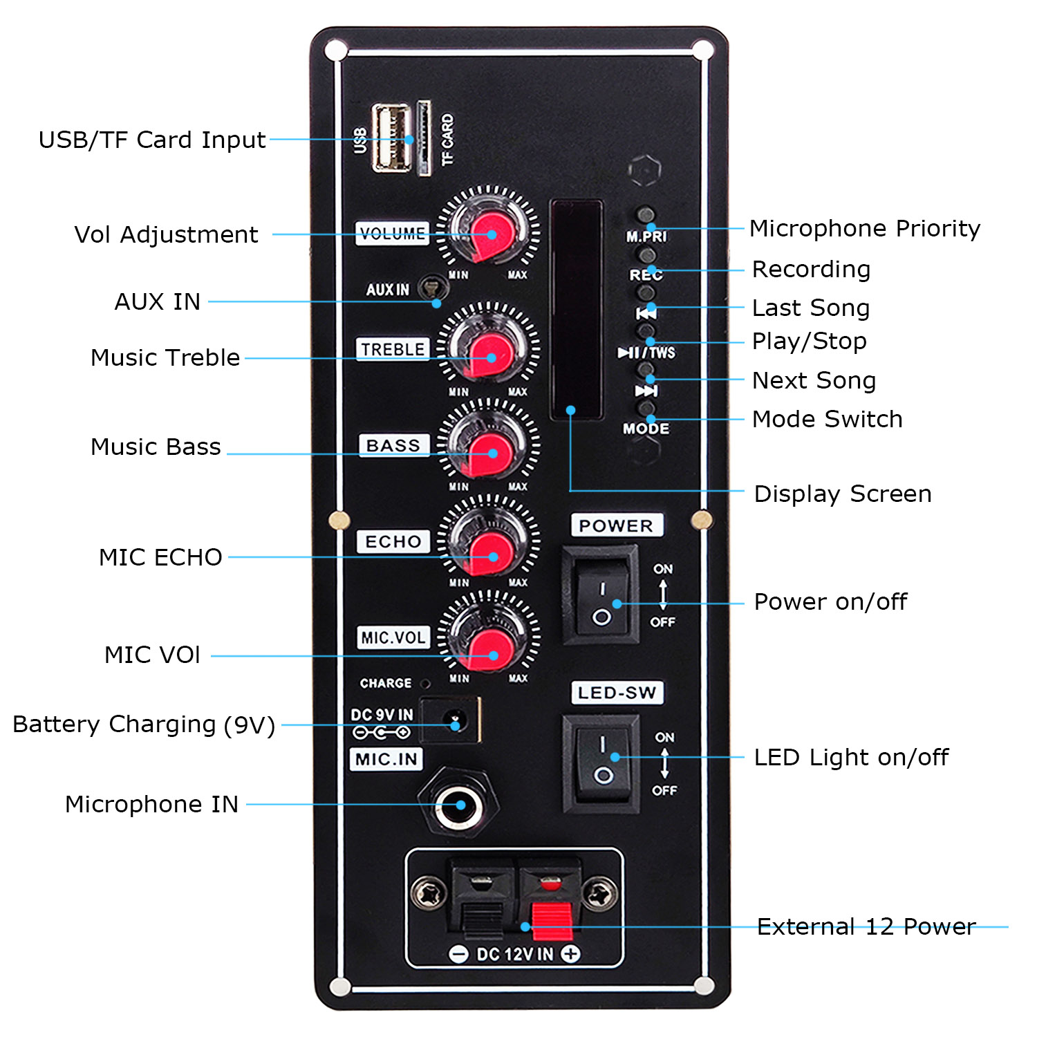 20W Bluetooth 5.0 bảng khuếch đại Xe Đẩy Loa Giải Mã Microphone Karaoke Amplificador FM Đài Phát Thanh AUX USB TF