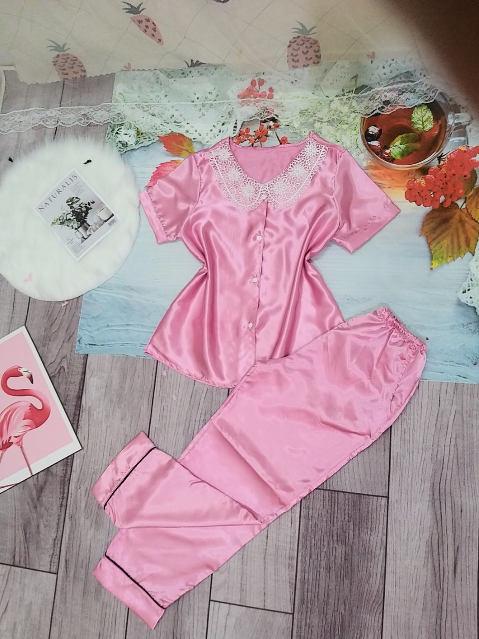 Set Pijama Tay Ngắn Tiểu Thư Siêu Xinh  Đồ Bộ Pijama Tay Ngắn Nữ Vải Phi Bóng Freesize dưới 58kg