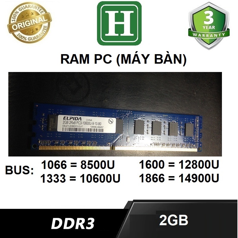 Ram PC DDR3 (PC3) 2Gb bus 1333 bảo hành 6 tháng
