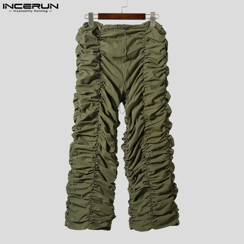 INCERUN Mens Personality Plain Elastic Waist Stylish Straight Pants Pleated Design Trousers