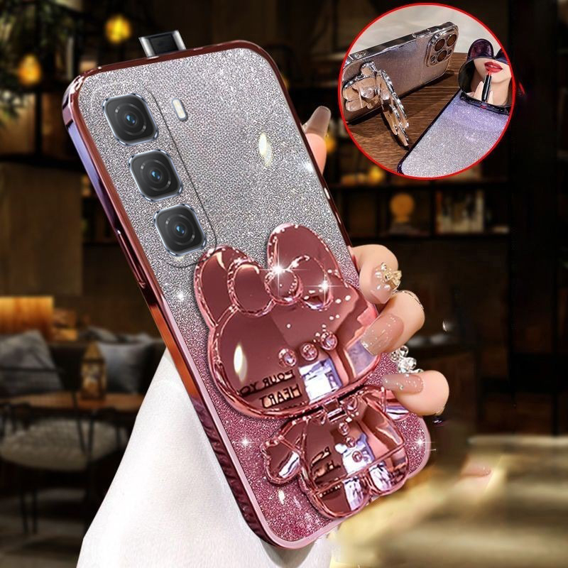New Phone case infinix Hot60i Hot60 Back cover Camera Protection Semi Transparent Soft Silicone Rabbit bracket Shockproof Exquisite Glitter Powder For infinix Hot 60 60i case. 
