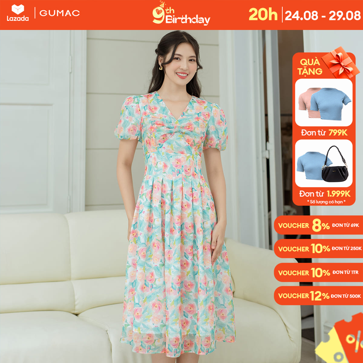 Đầm dáng a chiết li eo gumac dd08059 cổ v phối tay bồng