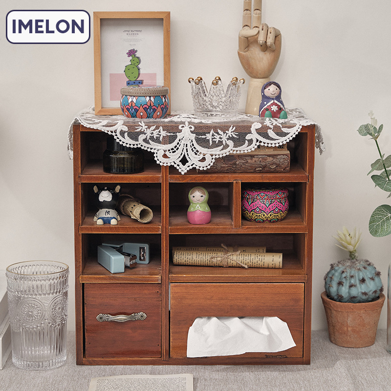 Retro storage box with tissue box, table shelf, wooden tabletop storage box, storage cabinet