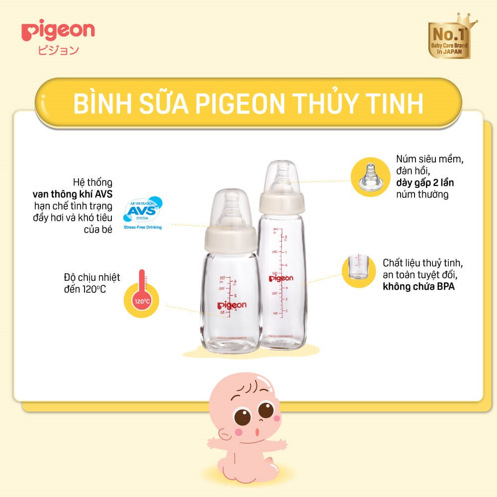 Bình sữa thủy tinh cổ hẹp Pigeon 240ml (M) - 2020