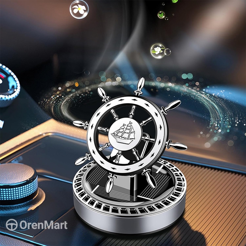 Solar Rotating Ship Wheel Car Air Freshener – Luxury Dashboard Perfume with Compass Design