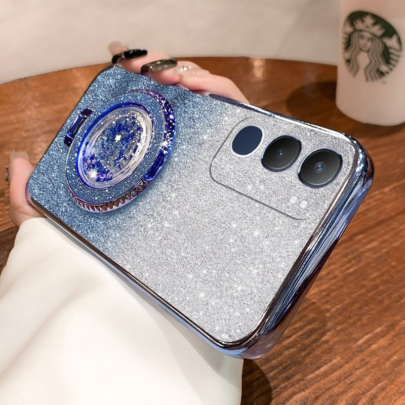 New Phone case Vivo Y29 Back cover with Liquid Glitter Quicksand hourglass Stand Holder Luxury Shiny Gradient Plating Girls Slim For Vivo Y29 5G case. 