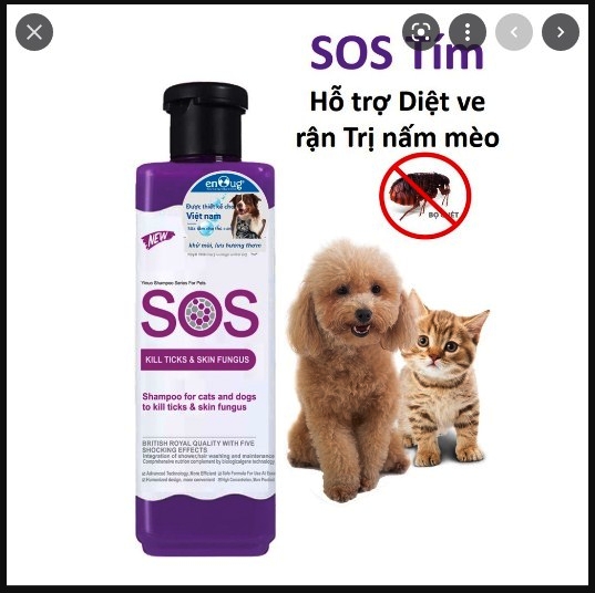 Sữa tắm cao cấp SOS màu Tím giúp Chó- Mèo sạch ve rận, bọ chét và nấm ngứa. 530ml.