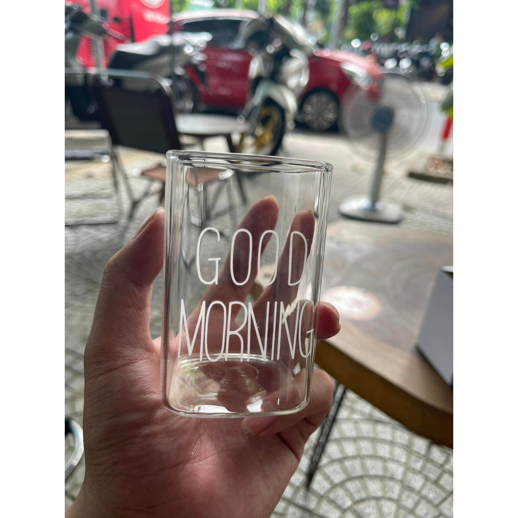 Ly thủy tinh vuông in chữ trắng good morning chịu nhiệt 250/400ml