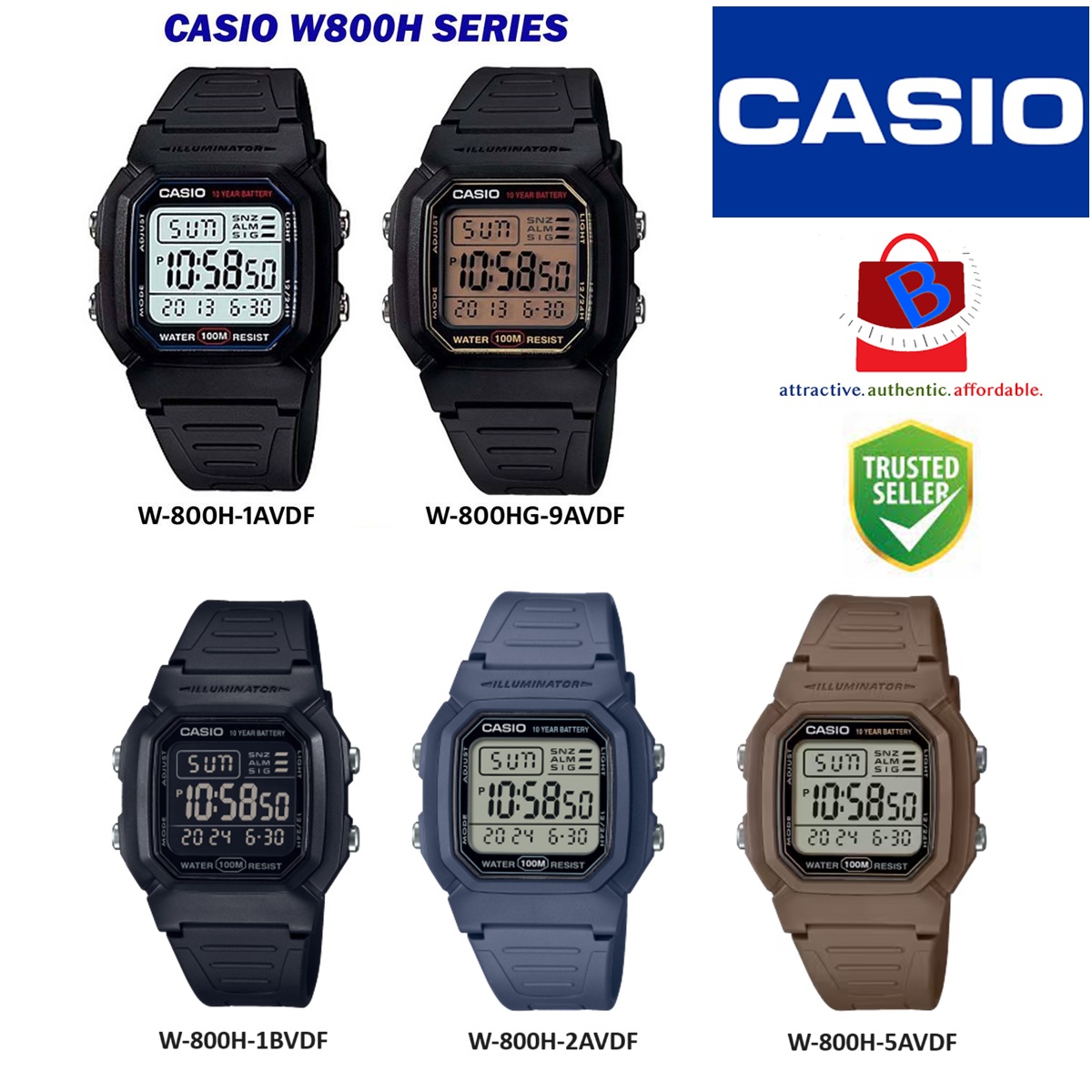 Casio W-800H -W-800HG Genuine Digital Watch 100-Meter Water