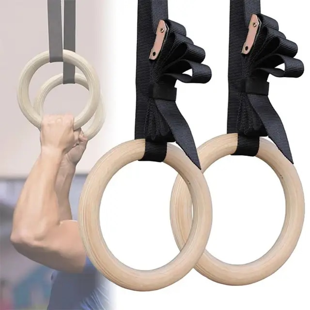 1 Pair Of Wooden Gymnastics Rings 28 Mm With Straps Home Gym Equipment Workout Rings Calisthenics Home Indoor Fitness Gym