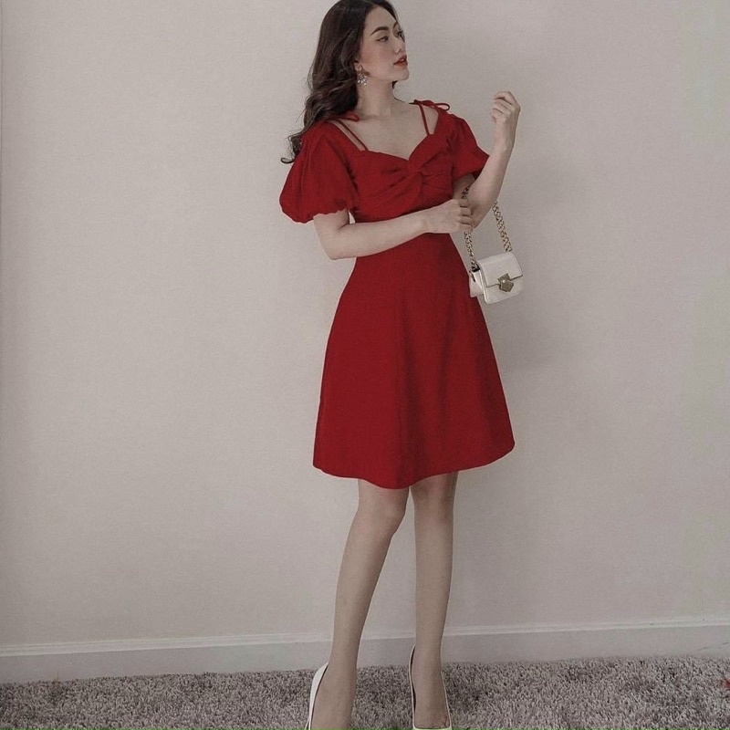 Đầm xoắn ngực nơ vai 2 màu