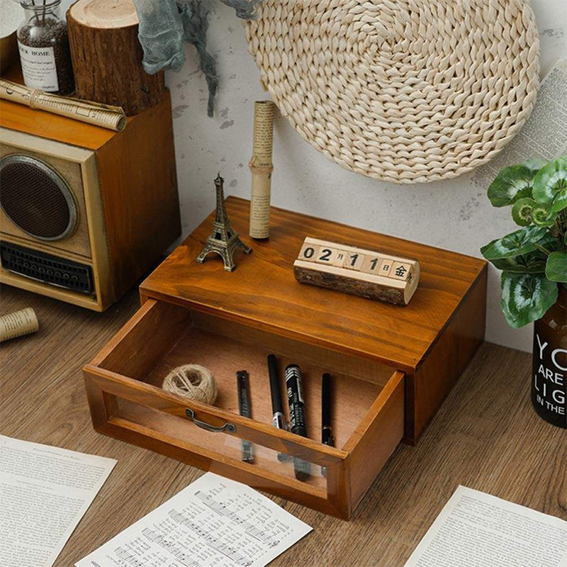 Chinese style solid wood drawer type retro computer elevated shelf desktop storage box cosmetics office desk shelf