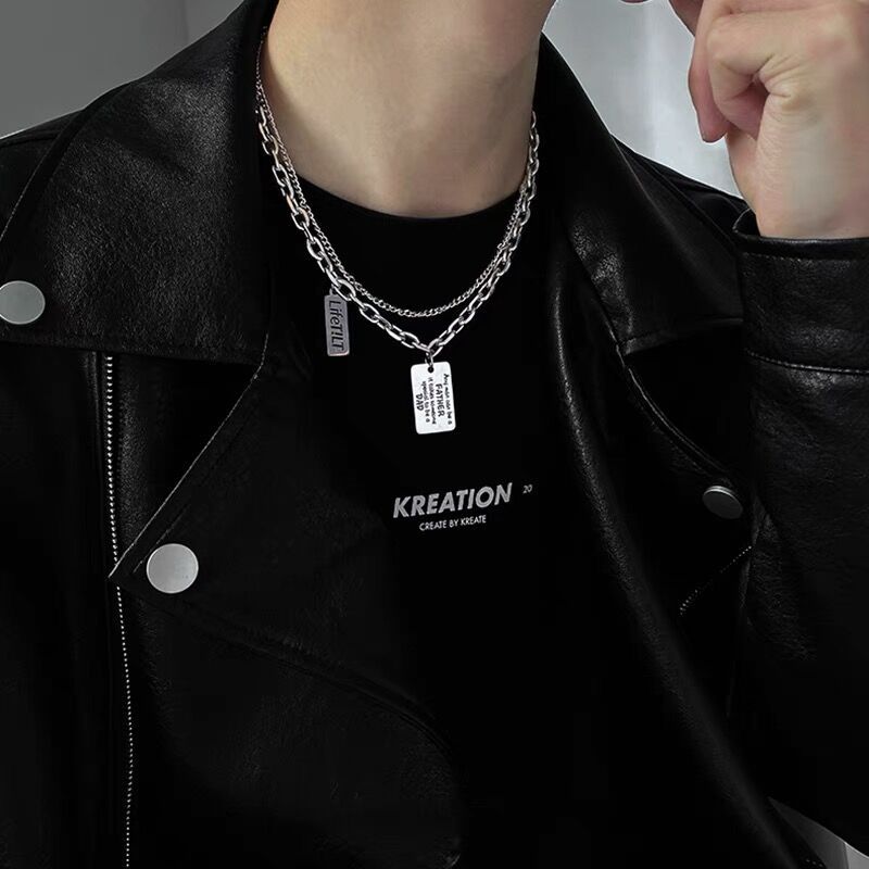 Double-layer Stacked Wear Retro Square Brand Letter Necklace Women's Trendy Cool Ins Hip-hop Cold Style Woolen Chain Necklace for Men