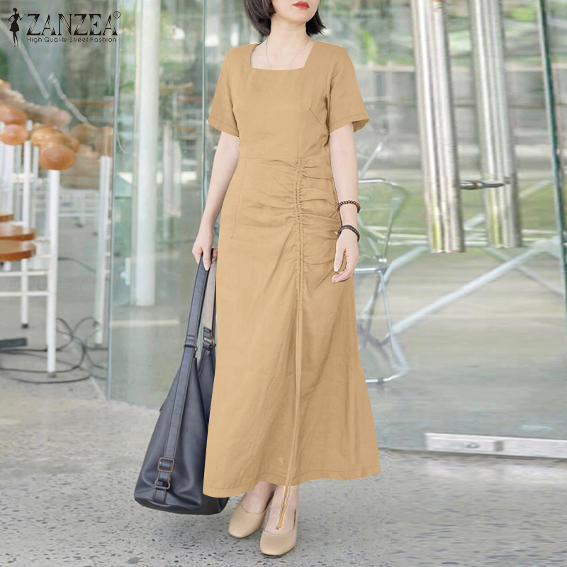ZANZEA%20Korean%20Style%20Women%20New%20Fashion%20Square%20Neck%20Dresses%20Raglan%20Sleeve%20A-Line%20Drawstring%20Midi%20Solid%20Dress%20#0303%20-%20Image%204