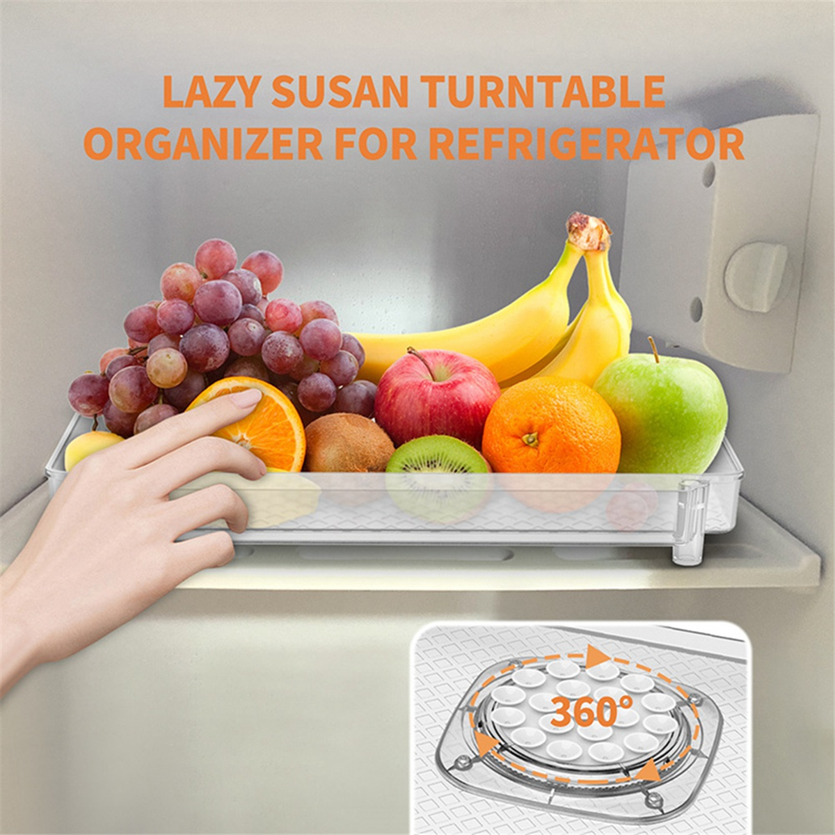 (KXBH) Fridge Turntable Organizer Tray with Suction Cup Transparent Refrigerator Storage Rack 360 Rotatable for Countertop Easy to Use