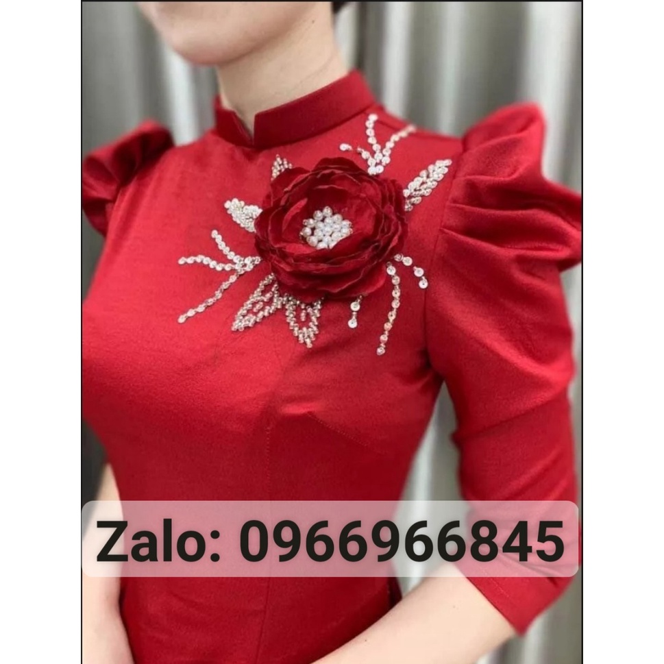 Áo dài đỏ tây thi tay bồng đính hoa_Áo Dài Đan Linh
