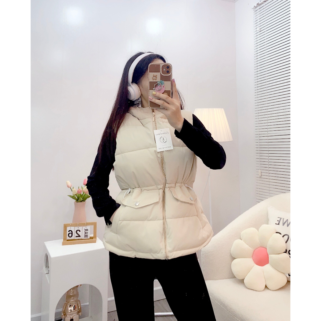 Áo phao gile nữ có mũ dây rút eo