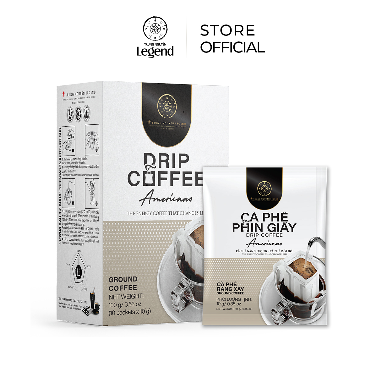 Trung Nguyen Legend Americano Paper Filter Coffee – Box of 10 Packs - Light Taste, Sweet Aftertaste