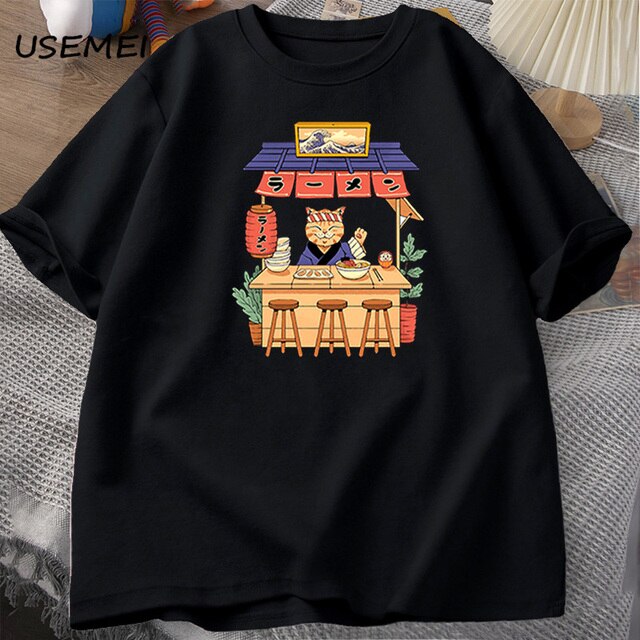 Men's Large T-shirt Neko Ramen House Men Tshirt Fuuny Japan Cat Tshirt Cotton Tshirt Harajuku Streetwear Mens Clothes