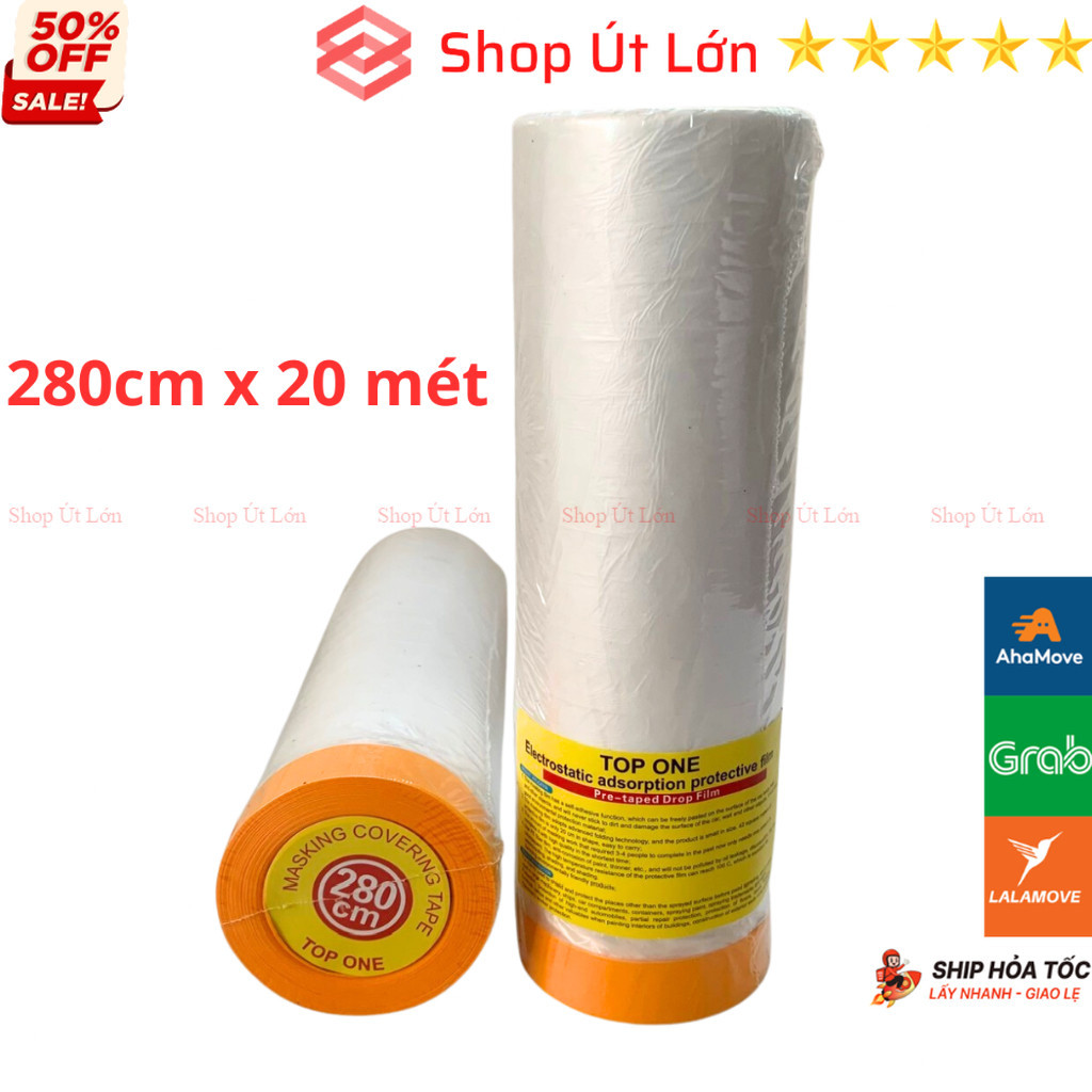 1 Cuộn băng keo nilon 55cm-110cm-280cm Top One - che chắn khi phun sơn, Màng bọc nilon che bụi đa năng, băng keo che sơn- Shop Út Lớn