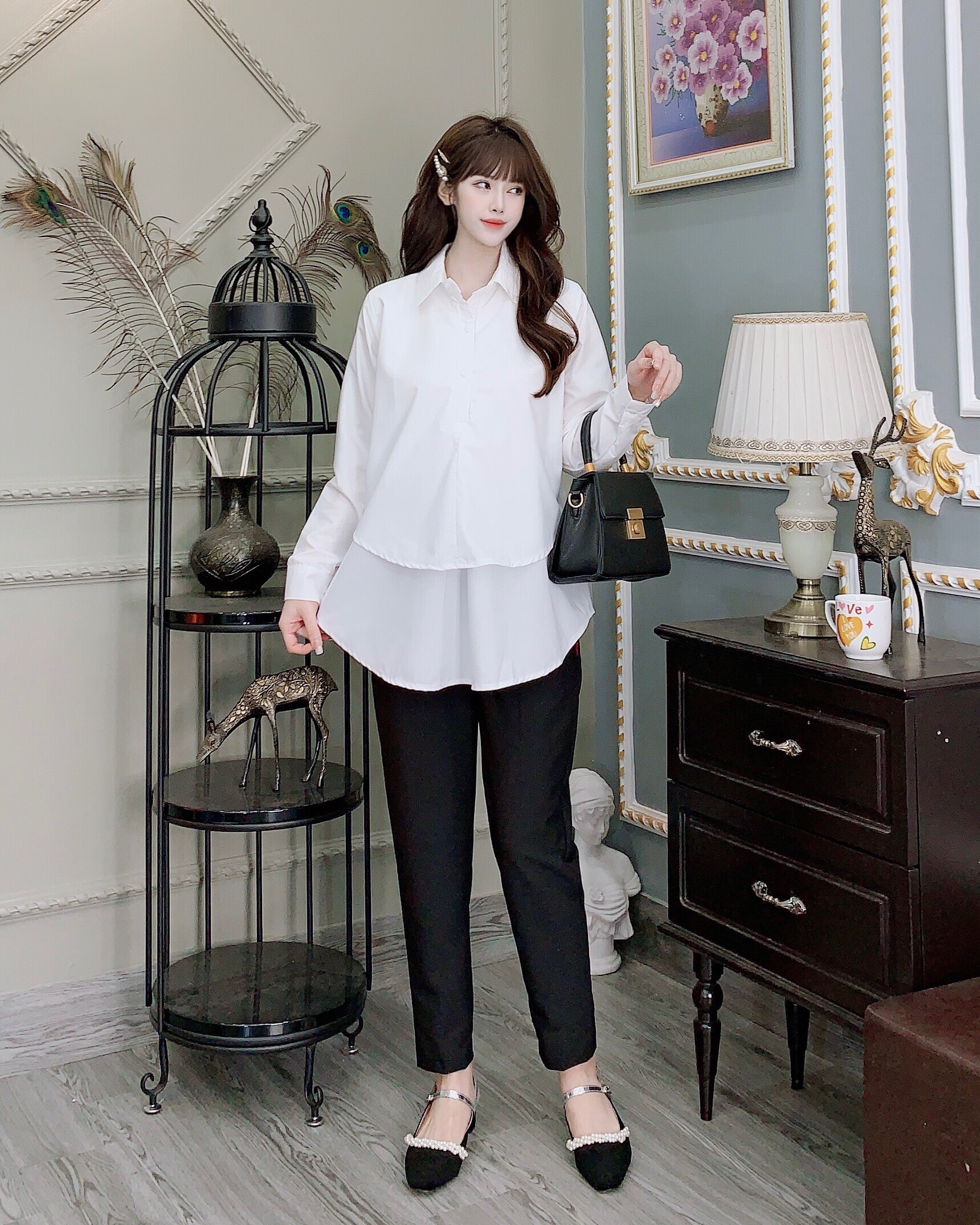 Áo bầu sơ mi công sở dài taychất đũi