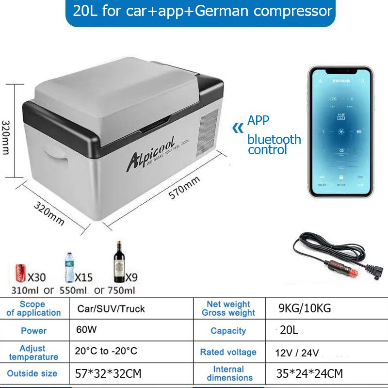 Alpicool 20L Car Refrigerator Compressor Refrigeration 12V24V220V Car Home APP Freezer Car Truck