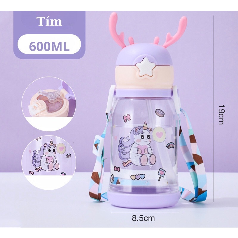 Bình nước nhựa, bình nước hình sừng hươu dễ thương cho bé, bình nước dung tích lớn 600ml