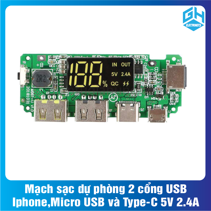 Mạch sạc dự phòng 2 cổng USB, Iphone, Micro USB và Type-C 5V 2.4A
