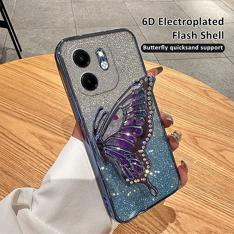 New Phone case infinix Smart 9 Back cover Diamonds butterfly holder shiny hourglass of quicksand transparent soft silicone For infinix Smart9 case.