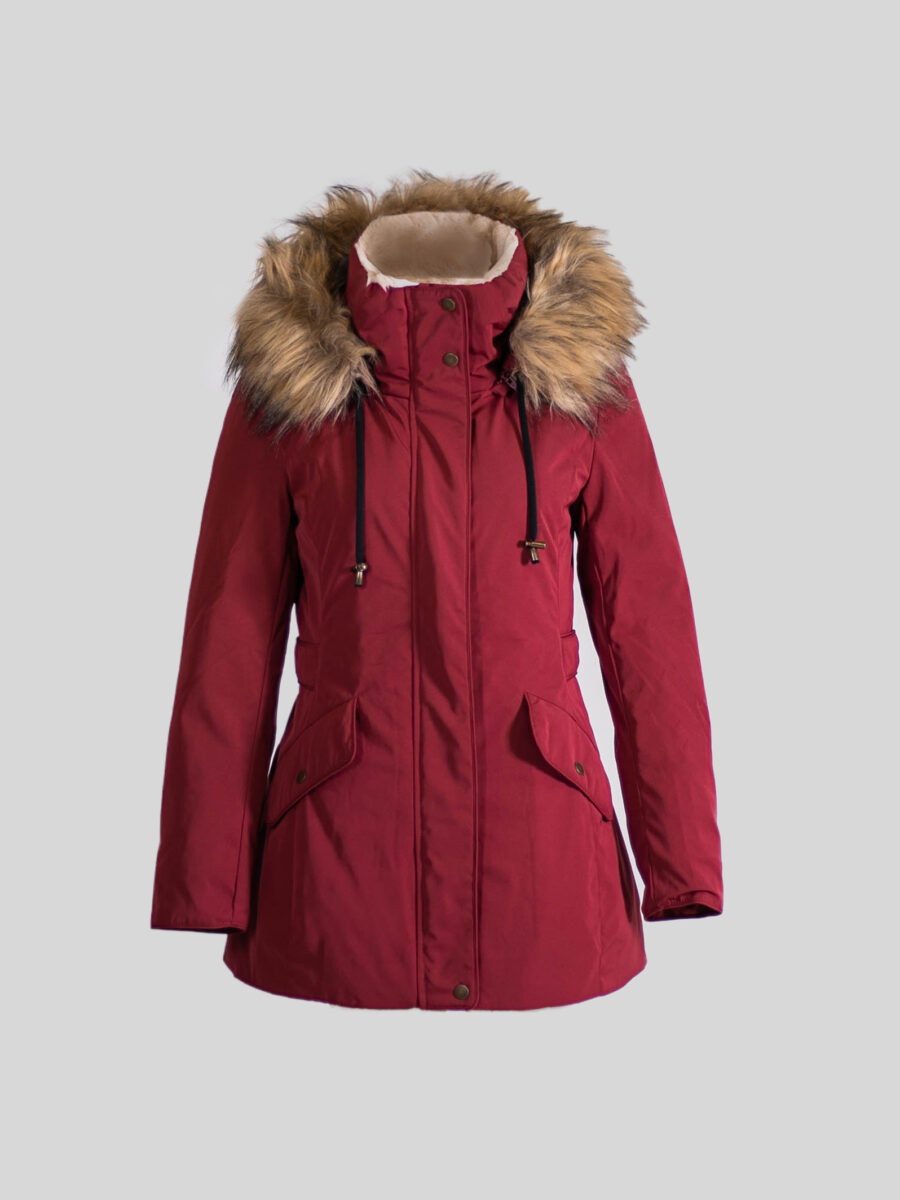 Red parka coat hot sale with fur hood