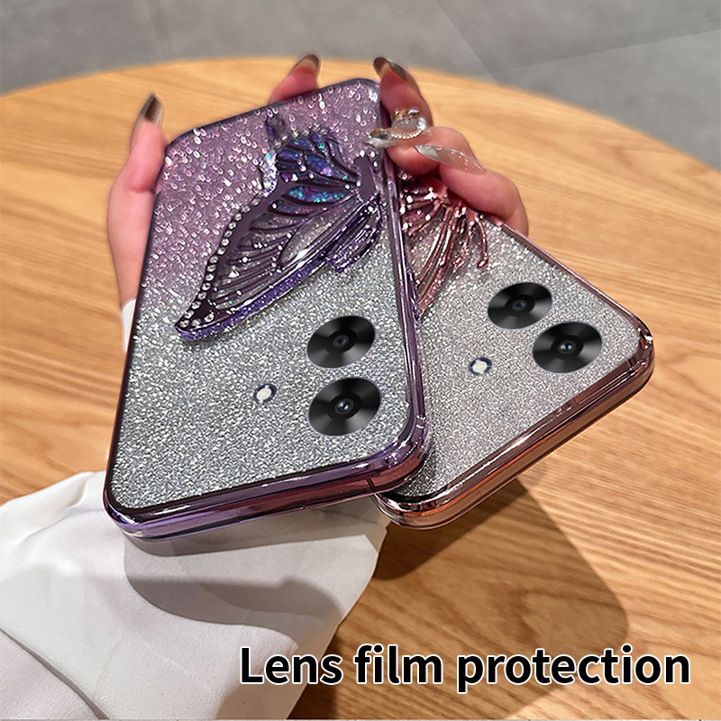 For Realme C61 C63 Note 60 Note 50 Case Diamonds butterfly holder shiny hourglass of quicksand transparent soft silicone for Realme Note 50 Note 60 C63 C61 Back Cover. 