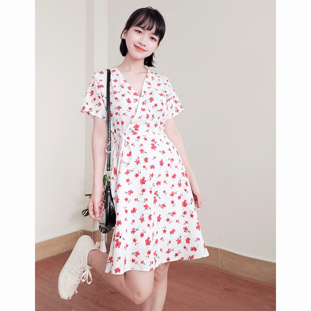 Đầm váy nữ hoa dáng xoè cổ chữ V thắt eo dễ thương RD045