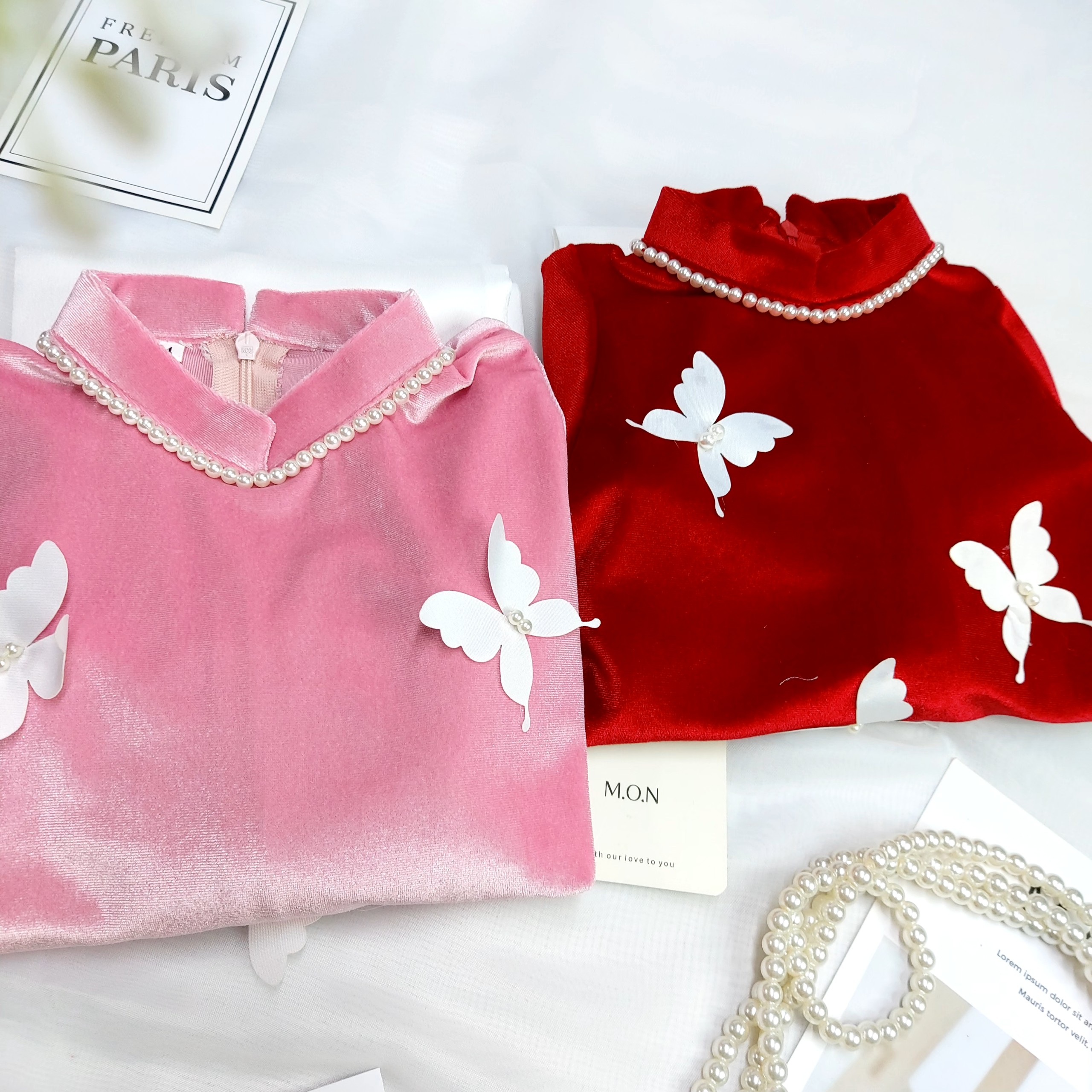 Set Áo Dài Bé Gái Nhung Đính Bướm Thủ Công