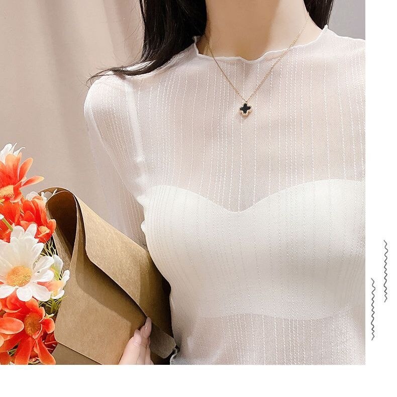 See-through White Mesh Bottom Blouse for Women with Thin Autumn Fashion Sexy Bright Silk Tight Short Lace Top