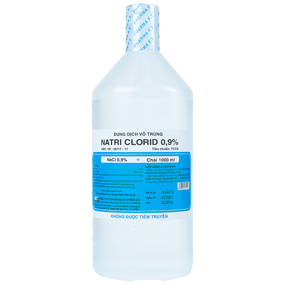 Nước muối súc miệng, rửa vết thương Natri clorid 0,9% chai 1 lít