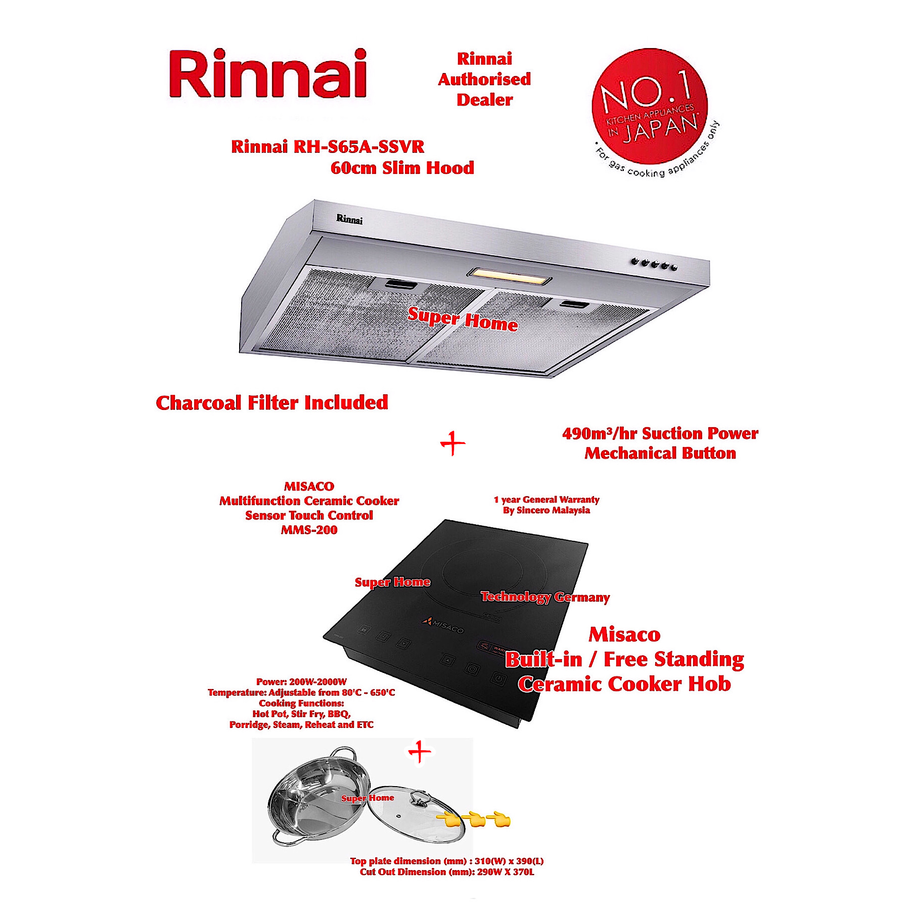 Rinnai Slim Hood RHS65ASSVR 60cm Slim Cooker Hood (Recirculation with