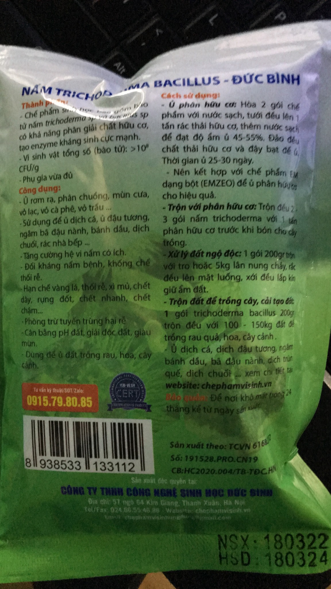 Sản Phẩm sinh học Trichoderma Bacillus Đức Bình gói 200gr